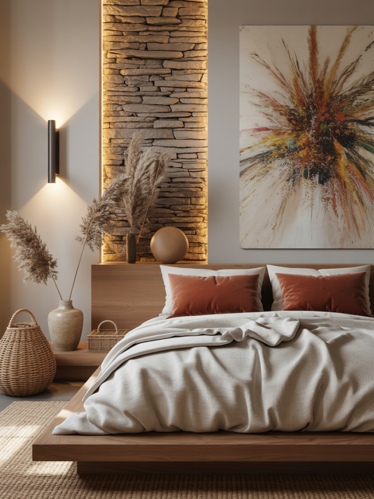 Earthy Minimalist Bedroom with Stone and Terracotta Accents