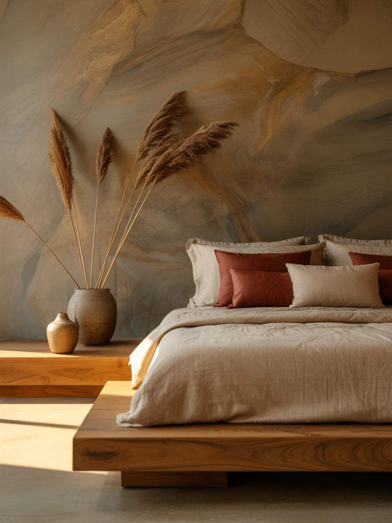 Japandi Warm Minimalist Bedroom with Wood and Stone