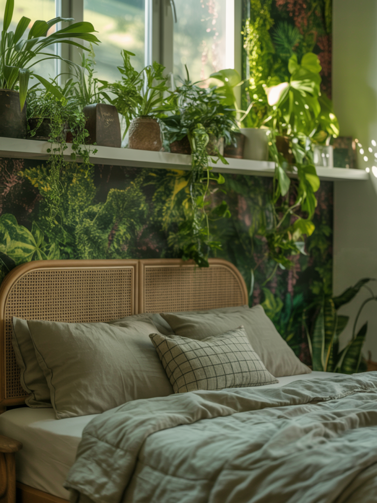 Bedroom With Plant Shelf Above Bed