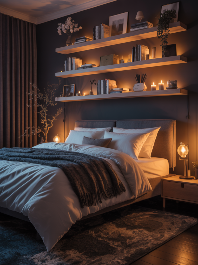 Cozy Bedroom Shelves Above the Bed