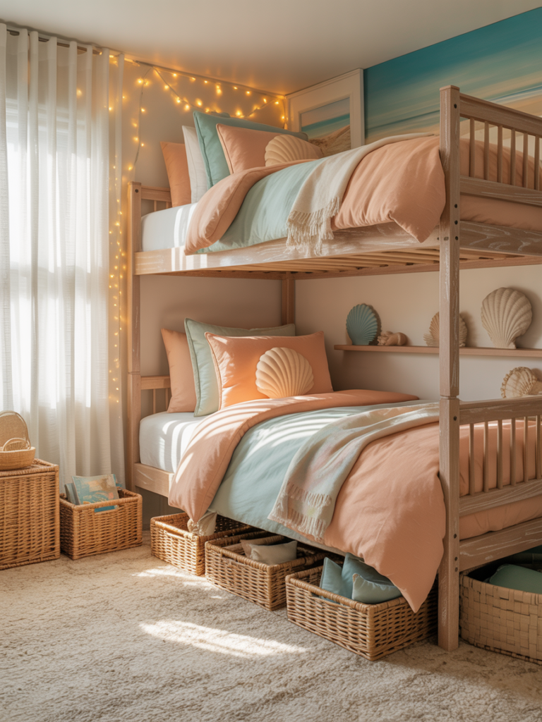 Coastal Peach & Blue Bunk Bed Room