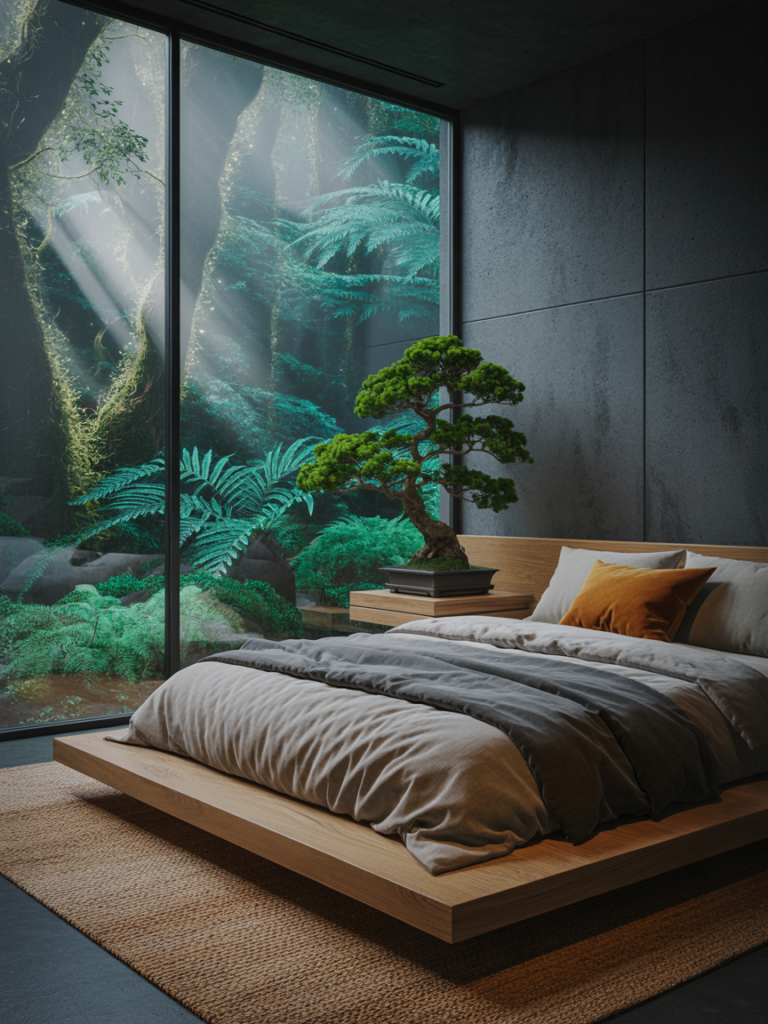 Glass Wall & Nature Contrast Bedroom