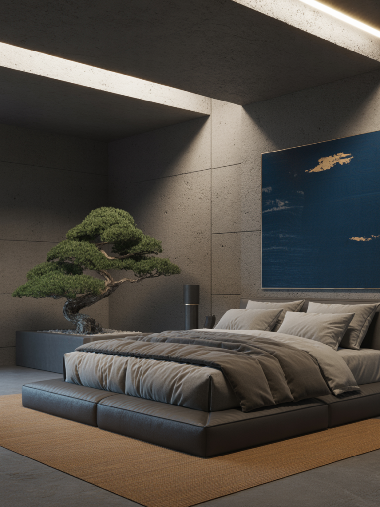 Moody Concrete & Indigo Glow Bedroom