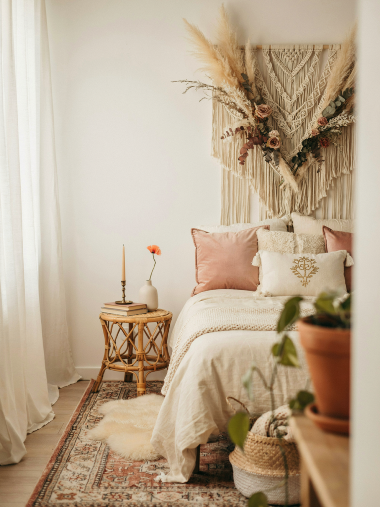 Boho Romantic Bedroom Wall Decor with Macramé and Dried Flowers